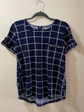 Navy Grid Print Blouse Size M